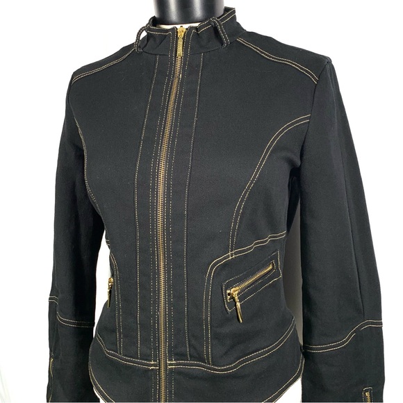 ❗️SOLD❗️Y2K Georgiou Studio Black Denim Tailored Mock Neck Zip Jacket S - Picture 2 of 11